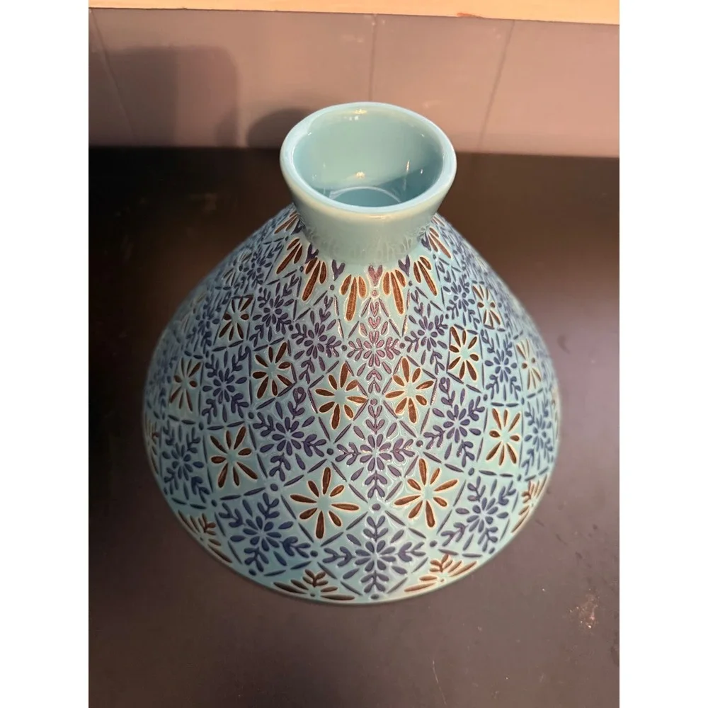 Turquoise Ceramic Pedestal Bowl Embossed Floral Geometric Centerpiece 10in